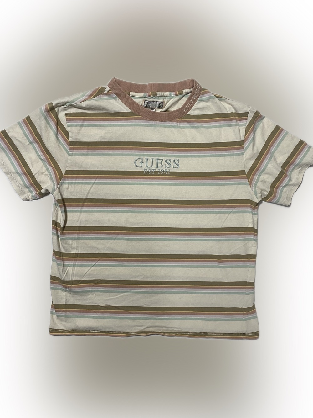 GUESS vintage style but Striped Short-Sleeve Crew Tee in Cream, Brown, and Green